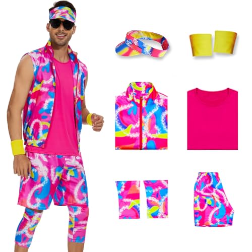 AYYOHON Herren 80er-Jahre-Trainingskostüm, ärmellose Jacke, T-Shirt, Shorts, Set mit Beinwärmern, Armbändern, Visier, Halloween, Cosplay, Größe XXL von AYYOHON