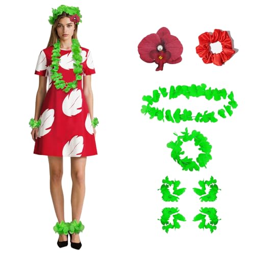AYYOHON Lilo Kostümkleid Damen Halloween Hawaiikleid mit rotem Blattdruck und Blumenkopfbedeckung L von AYYOHON