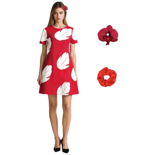 AYYOHON Lilo Kostümkleid Damen Halloween Hawaiikleid mit rotem Blattdruck und Blumenkopfbedeckung XL von AYYOHON