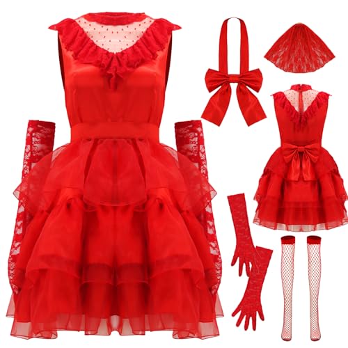AYYOHON Lydia Deetz Kostüm, rotes Hochzeitskleid, 80er-Jahre-Stil, Tüllkleid für Damen, tote Braut, Halloween, Gothic-Käfer-Kostüm, Größe L von AYYOHON