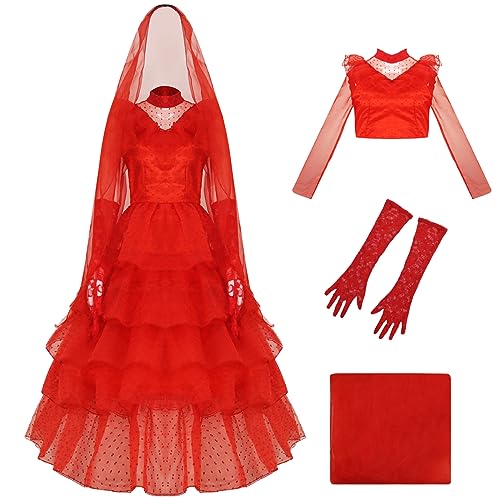 AYYOHON Lydia Deetz Kostüm Damen Gothic Hochzeitskleid Käfer Braut Rotes Kleid mit Schleier Halloween Horror Cosplay Outfit 2XL von AYYOHON