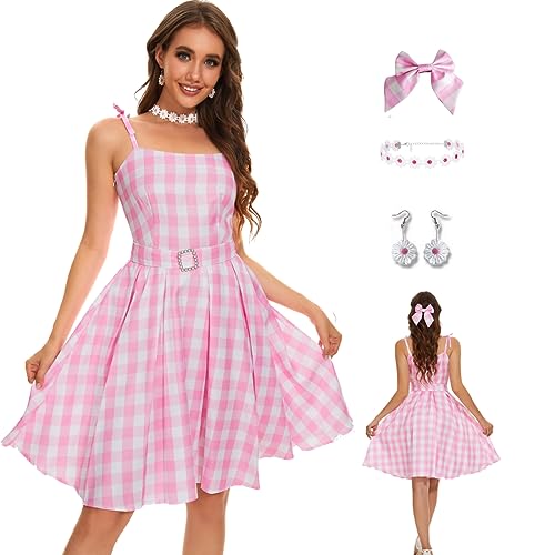 AYYOHON Damen-Halsketten-Set mit Halskette und Ohrringen, rosafarbenes Karomuster, Rock, Haarschleife, Gänseblümchen, Halloween, Cosplay-Kostüm, Anzug, Größe 3XL AYYOHON Damen-Halsketten-Set mit Halskette und Ohrringen, rosafarbenes Karomuster, Rock, Haarschleife, Gänseblümchen, Halloween, Cosplay-Kostüm, Anzug, Größe 3XL von AYYOHON