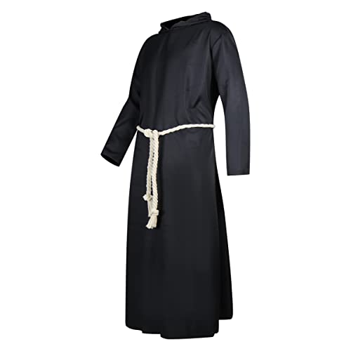 AYYOHON Mönchskostüm, Robe, schwarze Kapuzenuniform mit Kordelgürtel, für Herren, Halloween, Cosplay, Anzug, Größe 3XL von AYYOHON