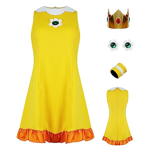 AYYOHON Prinzessin Pfirsich Cosplay Kostüm Damen Prinzessin Gänseblümchen Rosalina Tenniskleid mit Krone Ohrringe Erwachsene Halloween Anzug M von AYYOHON