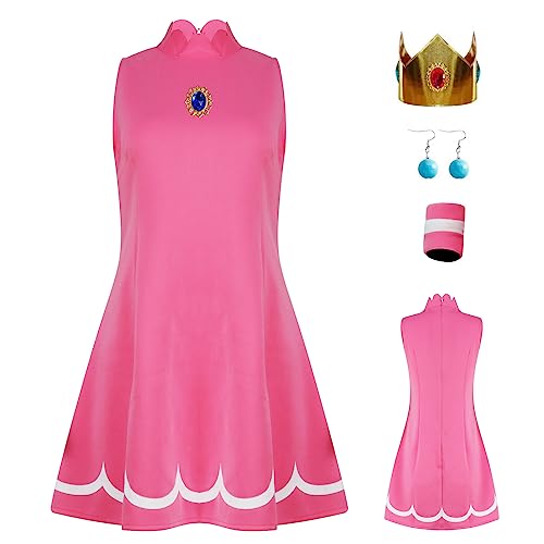 AYYOHON Prinzessin Pfirsich Cosplay Kostüm Damen Prinzessin Gänseblümchen Rosalina Tenniskleid mit Krone Ohrringe Erwachsene Halloween Anzug XS von AYYOHON