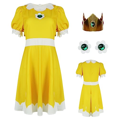 AYYOHON Prinzessin Pfirsich-Cosplay-Kostüm für Damen, Prinzessin, Gänseblümchen, Rosalina, Tenniskleid mit Kronen-Ohrringen, Erwachsenen-Halloweenanzug, Größe XXL von AYYOHON