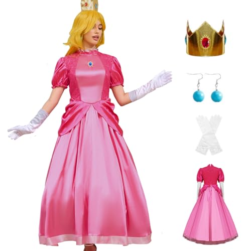 AYYOHON Prinzessin Pfirsich Kostüm Frauen 2023 Super Brothers Cosplay Kleid Krone Ohrringe Handschuhe Komplettes Set Erwachsene Halloween Anzug S von AYYOHON