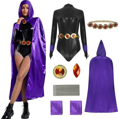AYYOHON Raven-Kostüm Rachel Cosplay-Overall für Damen, violetter Umhang mit Edelstein, Taillengürtel, Kette, Strumpfhose, Zubehör, Größe XXL von AYYOHON