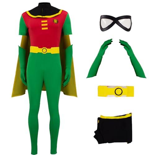 AYYOHON Rotkehlchen-Kostüm für Herren, Overall für Erwachsene, Superhelden-Body, Halloween, Cosplay, Outfits, Umhang, Handschuhe, Augenmaske, Gürtel, Sets, Größe S von AYYOHON