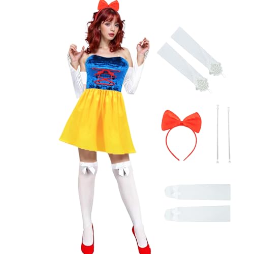 AYYOHON Schneewittchen-Kostüm für Damen, Halloween 5pcs Cosplay-Outfit Stirnband Handschuhe, Strumpfhose Träger Rock-Set M von AYYOHON