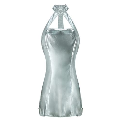 AYYOHON Vanessa Kensington Kostüm Silbernes Kleid Damen Metallic-Kleider Neckholder-Ärmel Minikleid für Halloween-Party 3XL von AYYOHON