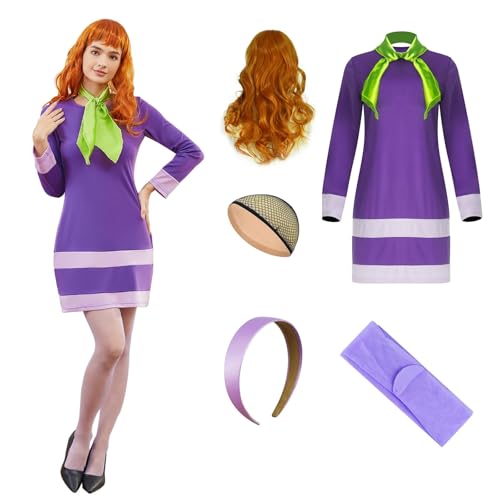 AYYOHON Velma Kostüm Damen Daphne Kleid Braune Bob Perücke Brille Pullover Rock Set Lila Minikleid Halloween Cosplay Anzug L AYYOHON Velma Kostüm Damen Daphne Kleid Braune Bob Perücke Brille Pullover Rock Set Lila Minikleid Halloween Cosplay Anzug L von AYYOHON