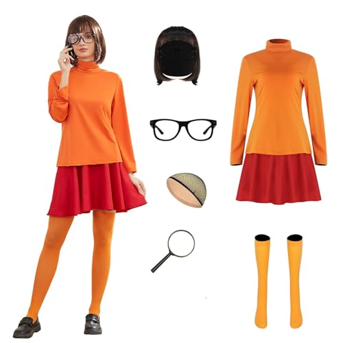 AYYOHON Velma Kostüm Damen Daphne Kleid Braune Bob Perücke Brille Pullover Rock Set Lila Minikleid Halloween Cosplay Anzug XS AYYOHON Velma Kostüm Damen Daphne Kleid Braune Bob Perücke Brille Pullover Rock Set Lila Minikleid Halloween Cosplay Anzug XS von AYYOHON