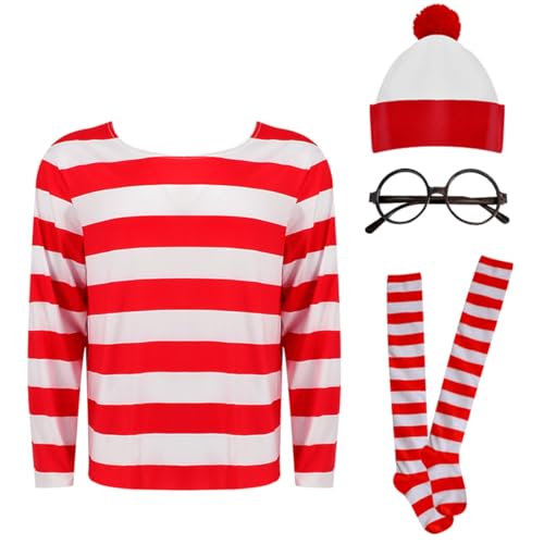 AYYOHON Wally Kostüm rot weiß gestreift T-Shirt Brille Hut Halloween Outfit Erwachsene 80er Jahre Verkleidung Paare Damen Herren Set M von AYYOHON