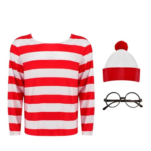 AYYOHON Wally Kostüm rot weiß gestreift T-Shirt Brille Hut Halloween Outfit Erwachsene 80er Jahre Verkleidung Paare Damen Herren Set S von AYYOHON