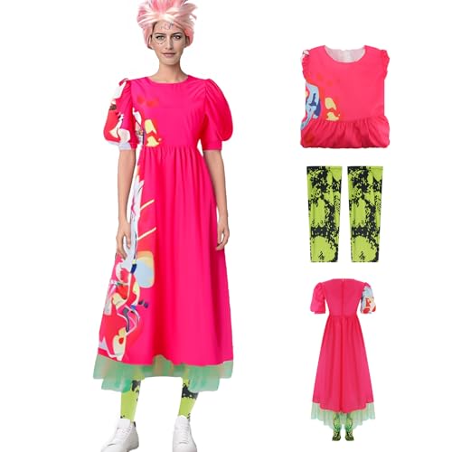 AYYOHON Weird Doll Kostüm Rosa Kleid Erwachsene Frauen Cosplay Halloween Outfit Puff, Kurzarm Bedruckte Kleider 2XL von AYYOHON