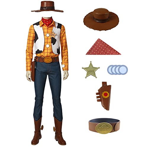 AYYOHON Woody Kostüm für Erwachsene, Cowboy, Sheriff, Cosplay, Uniform, Hemd, Weste, Hose, komplettes Set mit Holzmütze, Abzeichen, Gürtel, Schal, Größe S von AYYOHON