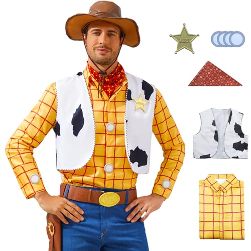 AYYOHON Woody Kostüm für Erwachsene, Cowboy-Hemd, Weste, Halstuch, Sheriff-Abzeichen-Set für Herren, Halloween, Cosplay, Outfits, Größe L von AYYOHON