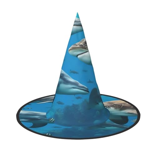 AYYQWE Delfine Meeresschildkröte Hai Oktopus Korallenriff Druck Bequem Halloween Hexenhut Unisex für Partys Karneval Weihnachten und Cosplay von AYYQWE