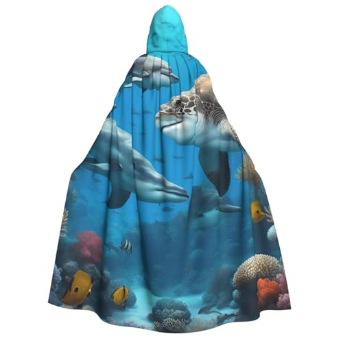 AYYQWE Delfine Sea Turtle Shark Octopus Coral Reef Print Unisex Adult Hooded Cloak Warm Cape Halloween Costume Cosplay Carnival Theme von AYYQWE