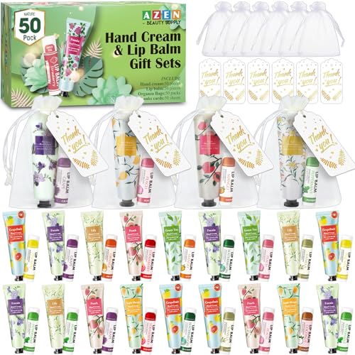 AZEN 50 Sets Großgeschenke, Handcreme und Lippenbalsam, Großpackung mit Organza-Beutel, Dankeskarte, Babyparty-Hochzeitsgeschenke für Gäste, Brauthochzeitsgeschenke für Gäste, Dankeschön-Geschenke für von AZEN