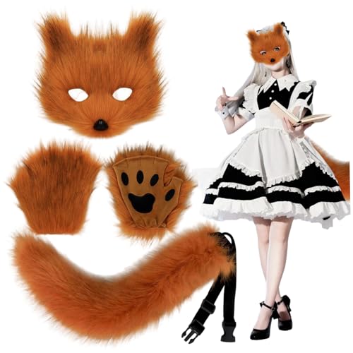 AZIDWERYQ 3PCS/SET Pelzig Kostüm, braune pelzige Fuchsmaske, einstellbare Therian -Schwanz und flauschige Pfotenhandschuhe für die Halloween -Party von AZIDWERYQ