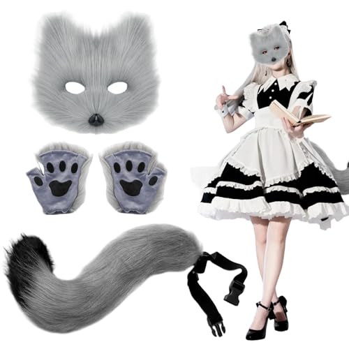 AZIDWERYQ 3PCS/SET Pelzig Kostüm, graue pelzige Fuchsmaske, einstellbare Therian -Schwanz und flauschige Pfotenhandschuhe für die Halloween -Party von AZIDWERYQ