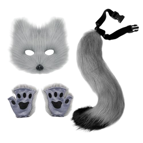 AZIDWERYQ 3PCS/Set Pelzy Costum, graue pelzige Fuchsmaske, einstellbare Therian -Schwanz und flauschige Pfotenhandschuhe für die Halloween -Partymaske AZIDWERYQ 3PCS/Set Pelzy Costum, graue pelzige Fuchsmaske, einstellbare Therian -Schwanz und flauschige Pfotenhandschuhe für die Halloween -Partymaske von AZIDWERYQ