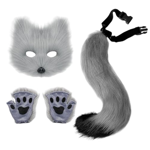 AZIDWERYQ 3pcs/Set Pelry Costum, graue pelzige Fuchsmaske, einstellbare Therian -Schwanz und flauschige Pfotenhandschuhe für Halloween -Party -Fuchsmaske AZIDWERYQ 3pcs/Set Pelry Costum, graue pelzige Fuchsmaske, einstellbare Therian -Schwanz und flauschige Pfotenhandschuhe für Halloween -Party -Fuchsmaske von AZIDWERYQ