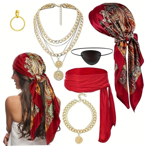 AZIDWERYQ 6pcs Piratenkostümzubehör für Frauen mit Kopftuch, Gürtel, Halskette, Armband, Augenmaske, Ohrringe für Halloween -Cosplay -Party AZIDWERYQ 6pcs Piratenkostümzubehör für Frauen mit Kopftuch, Gürtel, Halskette, Armband, Augenmaske, Ohrringe für Halloween -Cosplay -Party von AZIDWERYQ