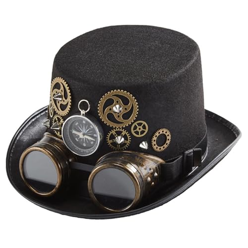 AZIDWERYQ Black Steampunk Top Hut, Steampunk Kostümhut mit abnehmbaren Schutzbrillen Halloween Vintage Hat Unisex Gothic Steampunk Top Hats für Erwachsene Männer und Frauen AZIDWERYQ Black Steampunk Top Hut, Steampunk Kostümhut mit abnehmbaren Schutzbrillen Halloween Vintage Hat Unisex Gothic Steampunk Top Hats für Erwachsene Männer und Frauen von AZIDWERYQ