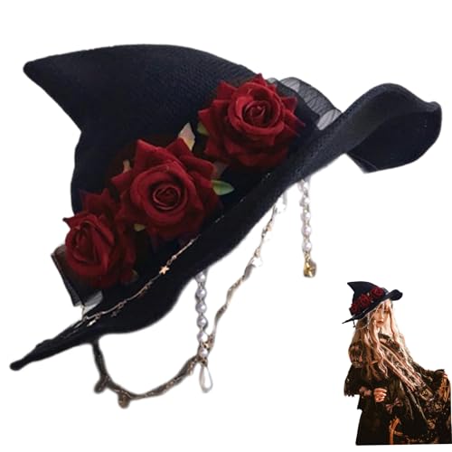 AZIDWERYQ Halloween Hexenhut für Frauen, Filzzauberer Cap mit Red Rose & Kettendekoration, Karneval -Hut Kopfbedeckung für Halloween Cosplay Fancy Lolita Party Requisiten Black Witch von AZIDWERYQ