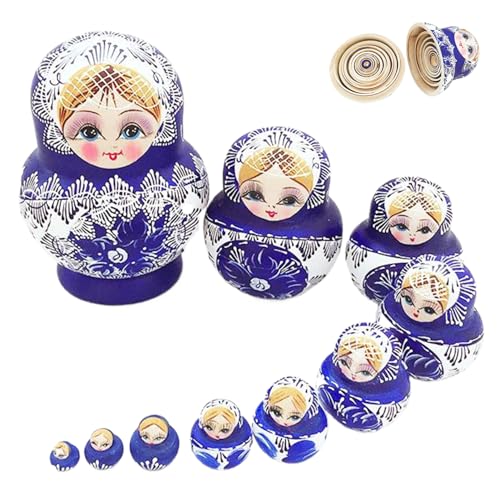 AZIDWERYQ Nesting Dolls 1 Set (10pcs) Mädchen Muster Matryoshka Puppe Holzblau Matrioshka Russische Nistpuppen Stapelspielzeug für Kinder, Heimdekoration, Geschenke für Kinder Matrioshka von AZIDWERYQ