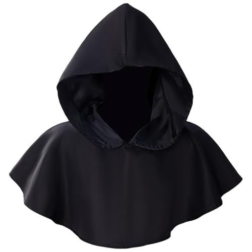 AZIDWERYQ Schwarze Kapuze, kurzer mittelalterlicher Umhang mit Motorhaube, atmungsaktiver schwarzer Umhang für Männer Frauen Cosplay Kostüme mittelalterlich von AZIDWERYQ