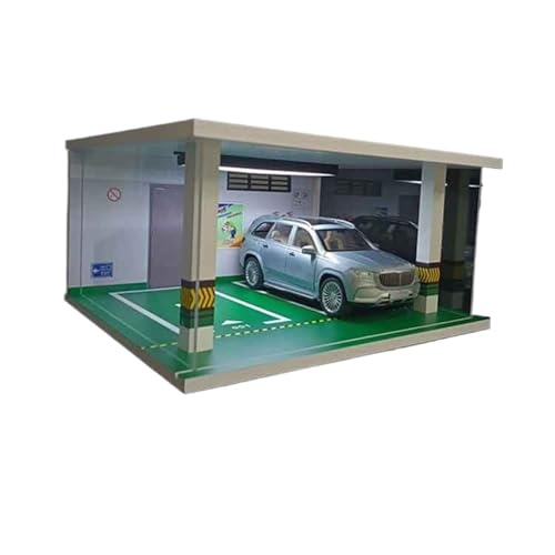 Auto Garage Vitrine mit 1:24 Parkhaus-Modellsimulation, Doppelparkszene, Staubschutzhülle mit Leuchtkasten-Ornamenten von AZIKEN