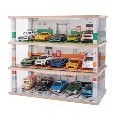 Auto Garage Vitrine mit 1:24 simulierte Parkplatzszene Garagenmodell Spielzeugautomodell staubdichte Ornamentaufbewahrung (Color : Assembled Three-Story Parking Lot) von AZIKEN