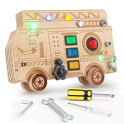 AZMKOO Montessori Spielzeug Busy Board - Holzspielzeug mit LED Lichtschalter - Motoriktafel für Kinder im Alter von 2 bis 4 Jahren - Förderung der motorischen Fähigkeiten und Sinnesentwicklung von AZMKOO