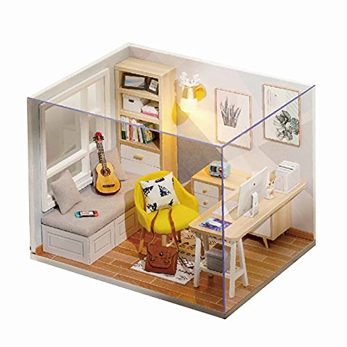 AZURAOKEY Arbeitszimmer, 3D-DIY-Miniatur-Puppenhaus-Set, Maßstab 1:32, kreatives Zimmer, Mini-Holzpuppenhaus mit Möbeln, Plus staubdicht, for Kinder, Jugendliche, Erwachsene von AZURAOKEY