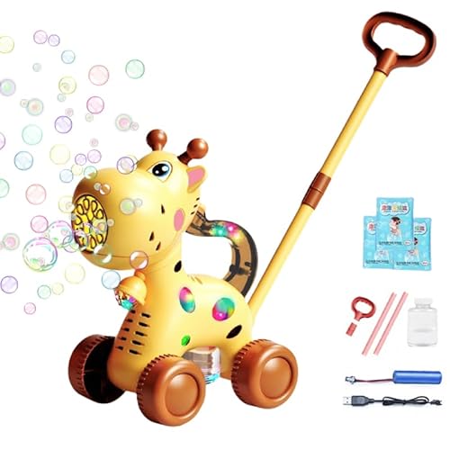 AZURAOKEY Bubble-Mower Rasenmäher mit LED-Licht, Wiederaufladbar Seifenblasenpistole Giraffe mit 10 Beuteln Seifenblasenflüssigkeit, Bubble Spaß bei Kinderpartys & Geburtstagen von AZURAOKEY