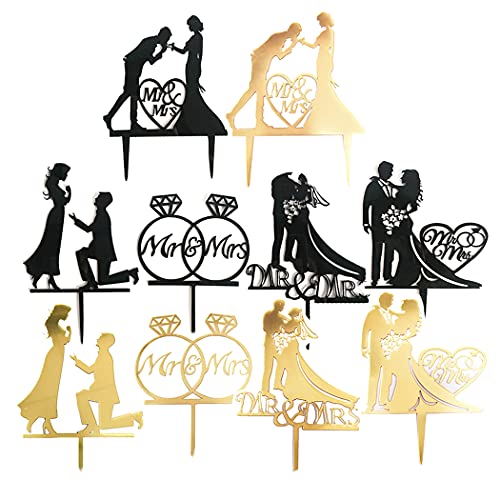 Aabellay 10 Stück MR and MRS Acryl Kuchen Topper Torten Aufsatz Tortendekoration Tortenstecker Cupcake Glitter Deko für Hochzeit Engagement Hochzeitsfeier Geburtstagsfeier - Gold und Schwarz von Aabellay