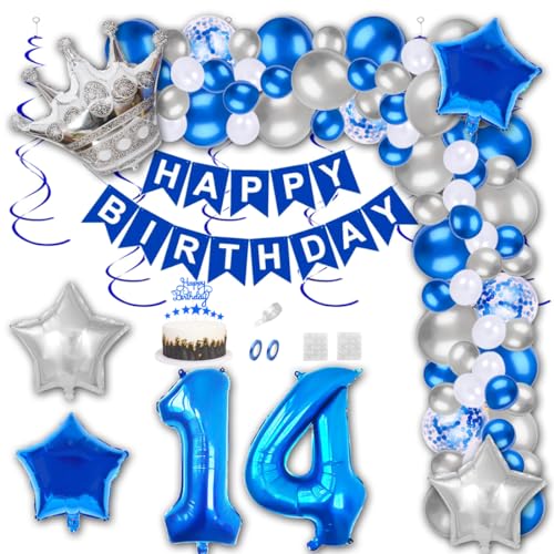 Aabellay 14 Jahre Geburtstag Dekorationen Blau Geburtstagsdeko Happy Birthday Banner Silber Konfetti Luftballons Nummer Folienballons Krone Stern Mylar Foil Ballon Tortendeko für Mann Frauen von Aabellay