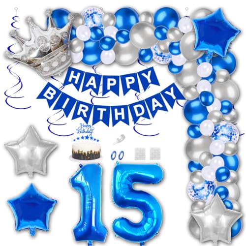 Aabellay 15 Jahre Geburtstag Dekorationen Blau Geburtstagsdeko Happy Birthday Banner Silber Konfetti Luftballons Nummer Folienballons Krone Stern Mylar Foil Ballon Tortendeko für Mann Frauen von Aabellay
