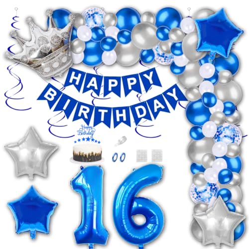 Aabellay 16 Jahre Geburtstag Dekorationen Blau Geburtstagsdeko Happy Birthday Banner Silber Konfetti Luftballons Nummer Folienballons Krone Stern Mylar Foil Ballon Tortendeko für Mann Frauen von Aabellay