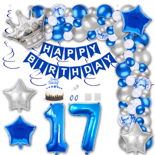 Aabellay 17 Jahre Geburtstag Dekorationen Blau Geburtstagsdeko Happy Birthday Banner Silber Konfetti Luftballons Nummer Folienballons Krone Stern Mylar Foil Ballon Tortendeko für Mann Frauen von Aabellay