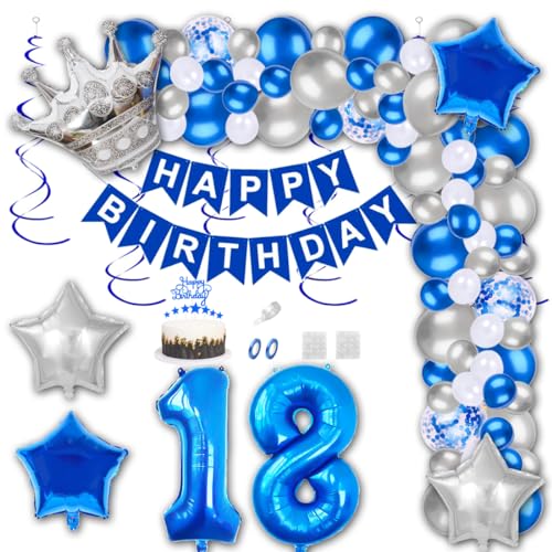 Aabellay 18 Jahre Geburtstag Dekorationen Blau Geburtstagsdeko Happy Birthday Banner Silber Konfetti Luftballons Nummer Folienballons Krone Stern Mylar Foil Ballon Tortendeko für Mann Frauen von Aabellay