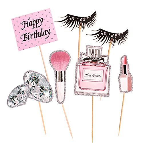 Aabellay 28 Stück Tortendeko Geburtstag Glitter Makeup Cupcake Toppers Kosmetik Cupcake Picks Lippenstift Parfüm Pinsel Kuchen Topper Wimpern Diomand Kuchen Dekoration Happy Birthday Kuchenaufsatz von Aabellay