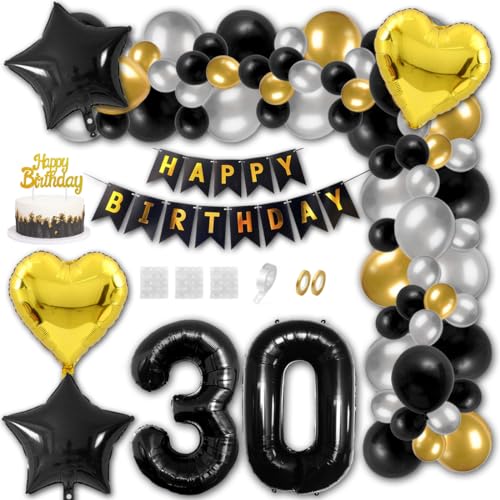 Aabellay 30 Jahre Geburtstag Dekorationen Schwarz Geburtstagsdeko Happy Birthday Banner Gold Konfetti Luftballons Nummer Folienballons Stern Mylar Foil Ballon Tortendeko für Mann Frauen von Aabellay