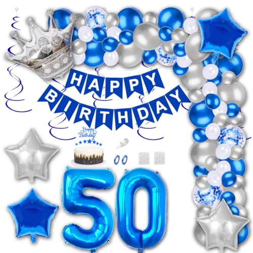 Aabellay 50 Jahre Geburtstag Dekorationen Blau Geburtstagsdeko Happy Birthday Banner Silber Konfetti Luftballons Nummer Folienballons Krone Stern Mylar Foil Ballon Tortendeko für Mann Frauen von Aabellay