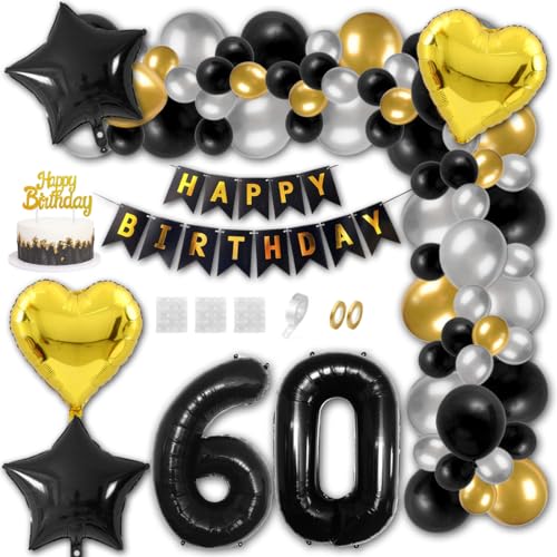 Aabellay 60 Jahre Geburtstag Dekorationen Schwarz Geburtstagsdeko Happy Birthday Banner Gold Konfetti Luftballons Nummer Folienballons Stern Mylar Foil Ballon Tortendeko für Mann Frauen von Aabellay