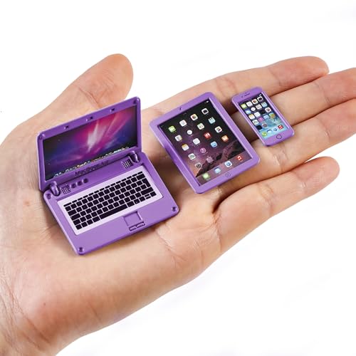 Puppenhaus-Möbel-Zubehör, Miniatur, Maßstab 1:12, Simulation, Metall, Laptop, Tablet, Smartphone, Puppenhaus, Mini-Spielset, Zubehör (lila) von Aanxufa